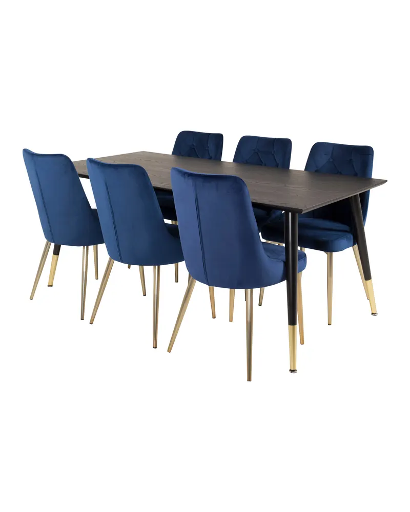 Dipp & Velvet Deluxe Essgruppe mit rechteckigem Esstisch und 6 gepolsterten Stühlen in Blau, Gestell Gold, Ansicht 2