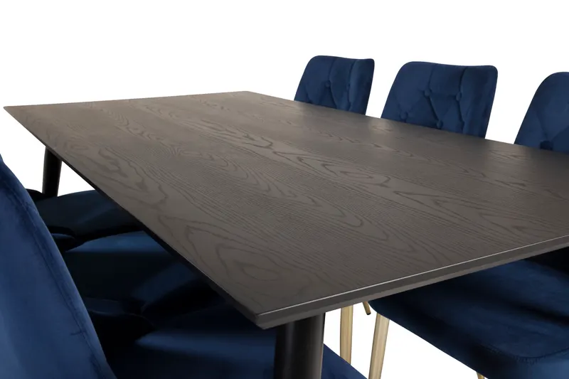 Dipp & Velvet Deluxe Essgruppe mit rechteckigem Esstisch und 6 gepolsterten Stühlen in Blau, Gestell Gold, Ansicht 3