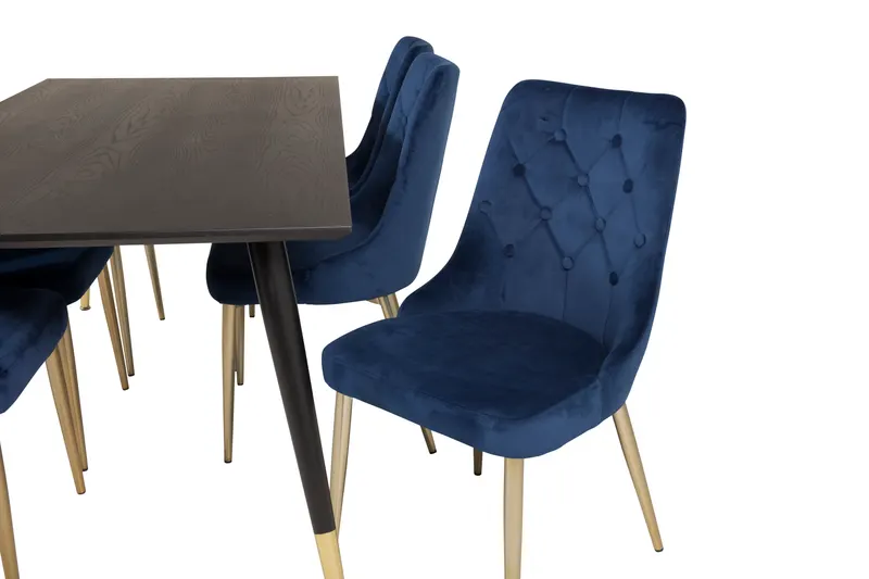 Dipp & Velvet Deluxe Essgruppe mit rechteckigem Esstisch und 6 gepolsterten Stühlen in Blau, Gestell Gold, Ansicht 4