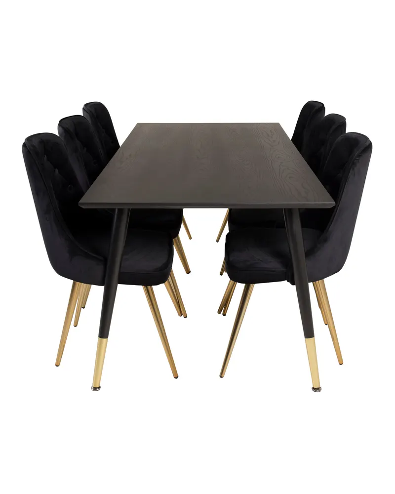 Dipp & Velvet Deluxe Essgruppe mit rechteckigem Esstisch und 6 gepolsterten Stühlen in Schwarz, Gestell Gold, Ansicht 1