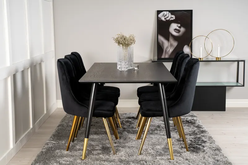 Dipp & Velvet Deluxe Essgruppe mit rechteckigem Esstisch und 6 gepolsterten Stühlen in Schwarz, Gestell Gold, im Wohnraum, Ansicht 1