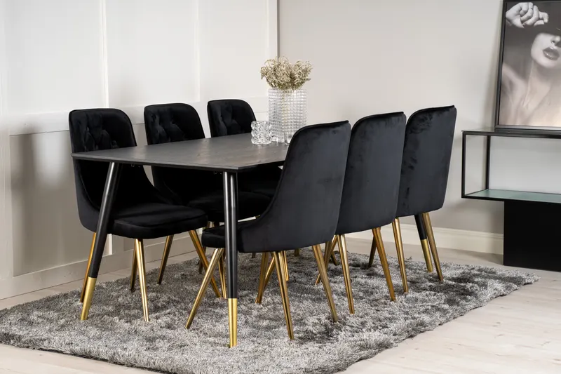 Dipp & Velvet Deluxe Essgruppe mit rechteckigem Esstisch und 6 gepolsterten Stühlen in Schwarz, Gestell Gold, im Wohnraum, Ansicht 2