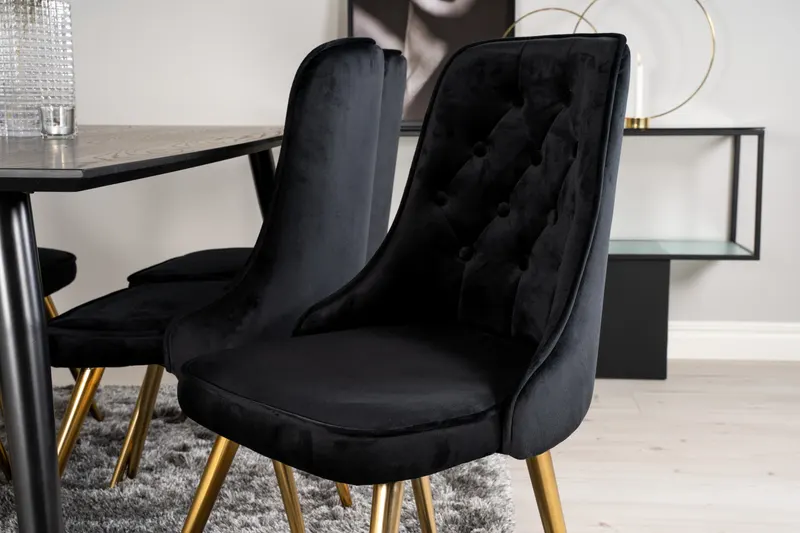Dipp & Velvet Deluxe Essgruppe mit rechteckigem Esstisch und 6 gepolsterten Stühlen in Schwarz, Gestell Gold, im Wohnraum, Ansicht 4