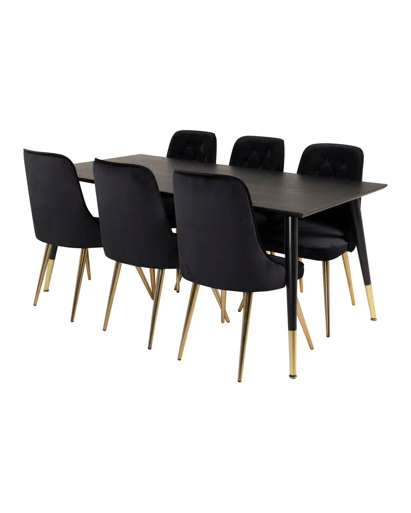 Dipp & Velvet Deluxe Essgruppe mit rechteckigem Esstisch und 6 gepolsterten Stühlen in Schwarz, Gestell Gold, Ansicht 2