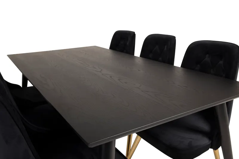 Dipp & Velvet Deluxe Essgruppe mit rechteckigem Esstisch und 6 gepolsterten Stühlen in Schwarz, Gestell Gold, Ansicht 3