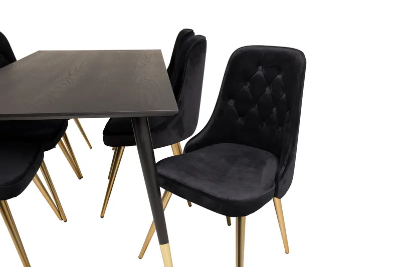 Dipp & Velvet Deluxe Essgruppe mit rechteckigem Esstisch und 6 gepolsterten Stühlen in Schwarz, Gestell Gold, Ansicht 4