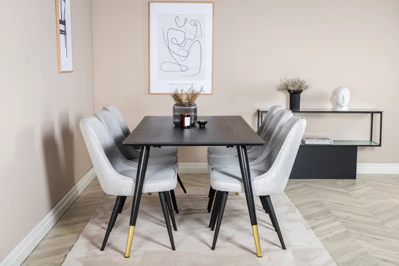 Dipp & Velvet Deluxe Essgruppe mit rechteckigem Esstisch und 6 gepolsterten Stühlen in Hellgrau, Gestell Schwarz, im Wohnraum, Ansicht 1