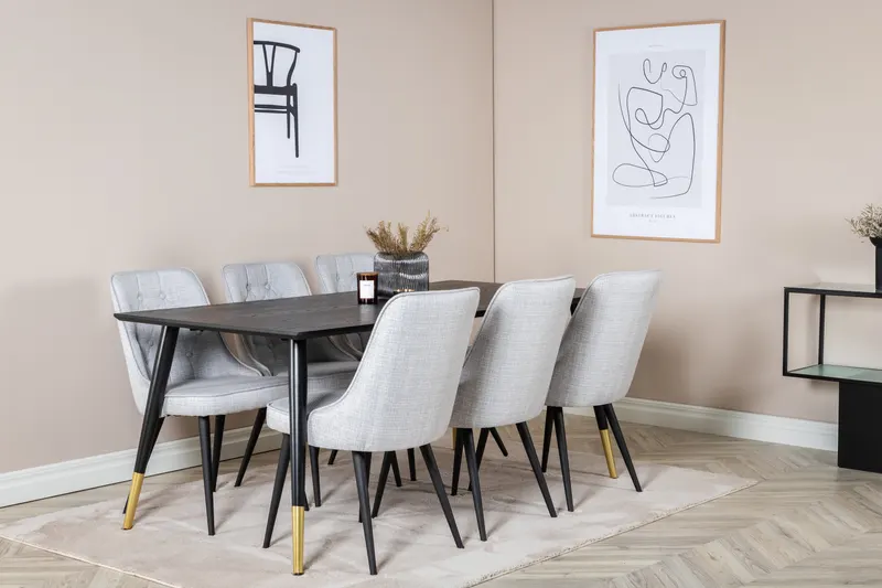 Dipp & Velvet Deluxe Essgruppe mit rechteckigem Esstisch und 6 gepolsterten Stühlen in Hellgrau, Gestell Schwarz, im Wohnraum, Ansicht 2