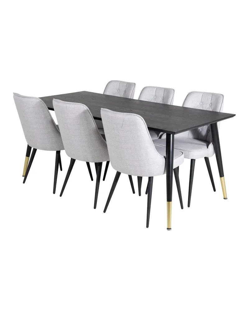 Dipp & Velvet Deluxe Essgruppe mit rechteckigem Esstisch und 6 gepolsterten Stühlen in Hellgrau, Gestell Schwarz, Ansicht 2