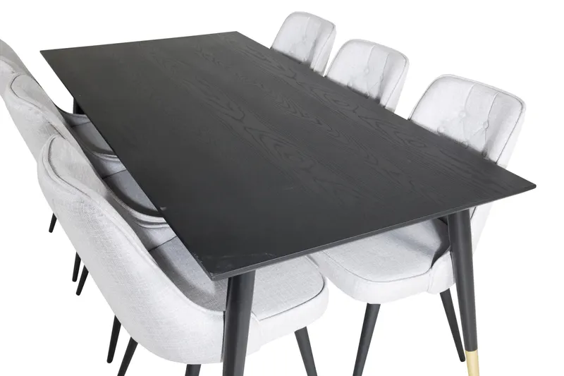 Dipp & Velvet Deluxe Essgruppe mit rechteckigem Esstisch und 6 gepolsterten Stühlen in Hellgrau, Gestell Schwarz, Ansicht 4