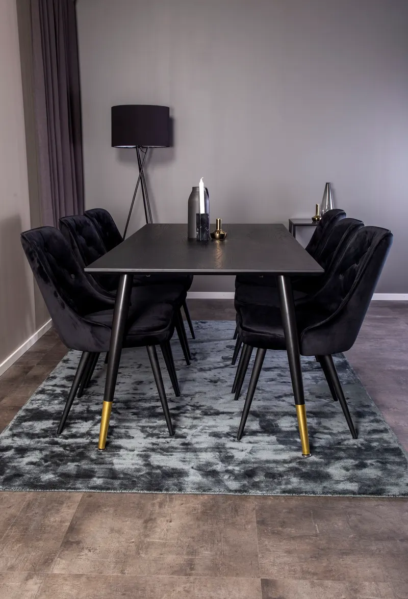 Dipp & Velvet Deluxe Essgruppe mit rechteckigem Esstisch und 6 gepolsterten Stühlen in Schwarz, im Wohnraum, Ansicht 1