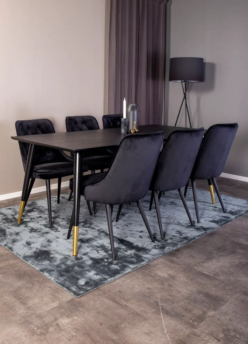 Dipp & Velvet Deluxe Essgruppe mit rechteckigem Esstisch und 6 gepolsterten Stühlen in Schwarz, im Wohnraum, Ansicht 2