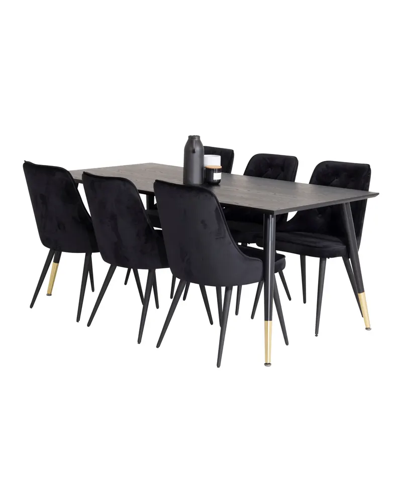 Dipp & Velvet Deluxe Essgruppe mit rechteckigem Esstisch und 6 gepolsterten Stühlen in Schwarz, Ansicht 4