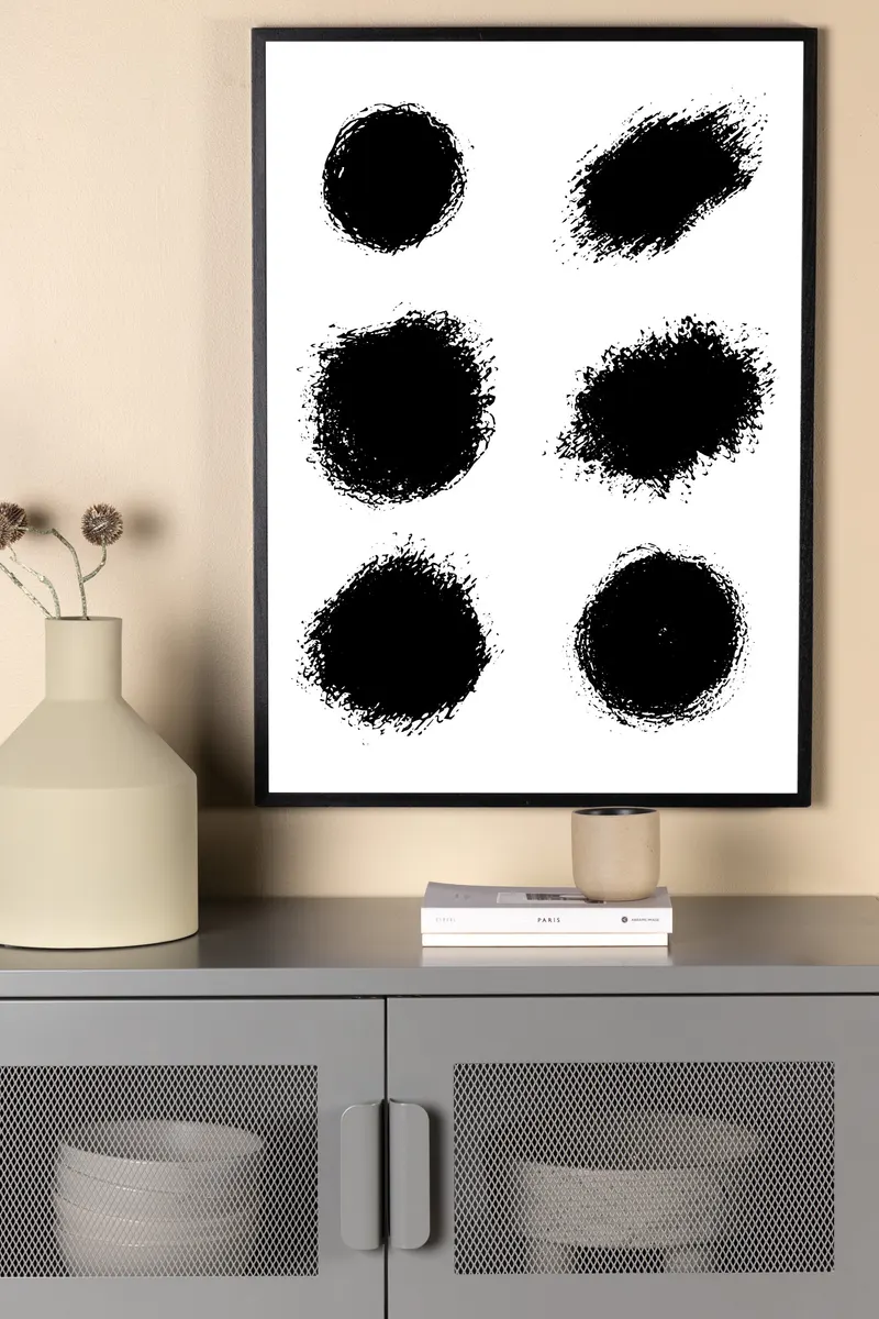 Dots Poster in Schwarz-Weiß, sechs gemalte Punkte, Weiß