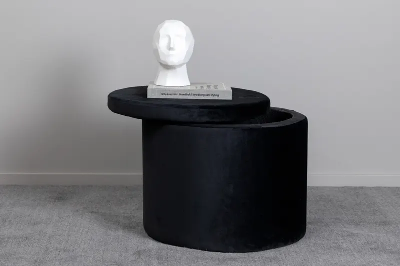Dunken runder Sitzhocker mit Deckel in Schwarz, im Wohnraum, Ansicht 2