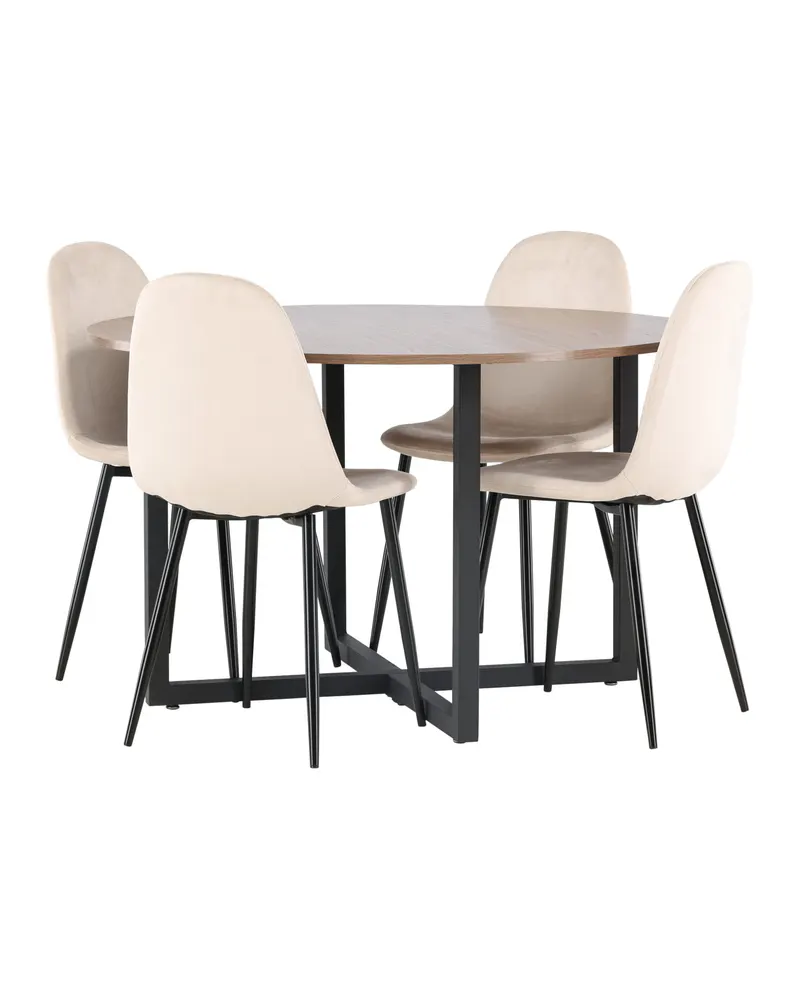 Durango & Polar Essgruppe mit rundem Esstisch und 4 Samtstühlen in Beige, Gestell Schwarz, Ansicht 1