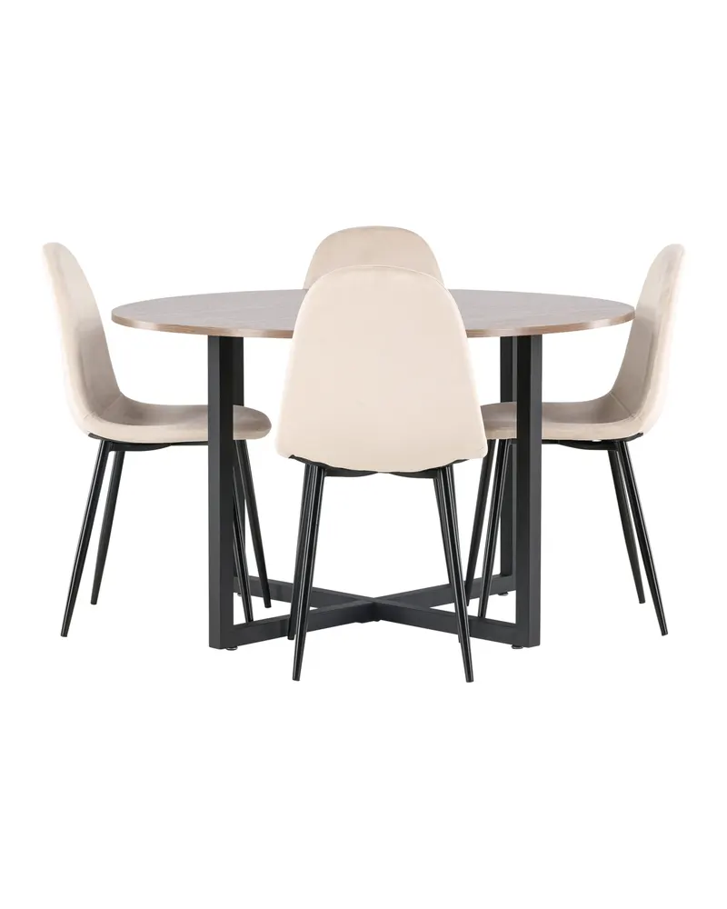 Durango & Polar Essgruppe mit rundem Esstisch und 4 Samtstühlen in Beige, Gestell Schwarz, Ansicht 9