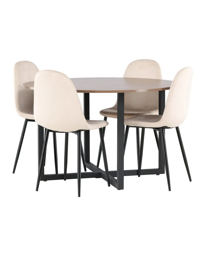 Durango & Polar Essgruppe mit rundem Esstisch und 4 Samtstühlen in Beige, Gestell Schwarz, Ansicht 10