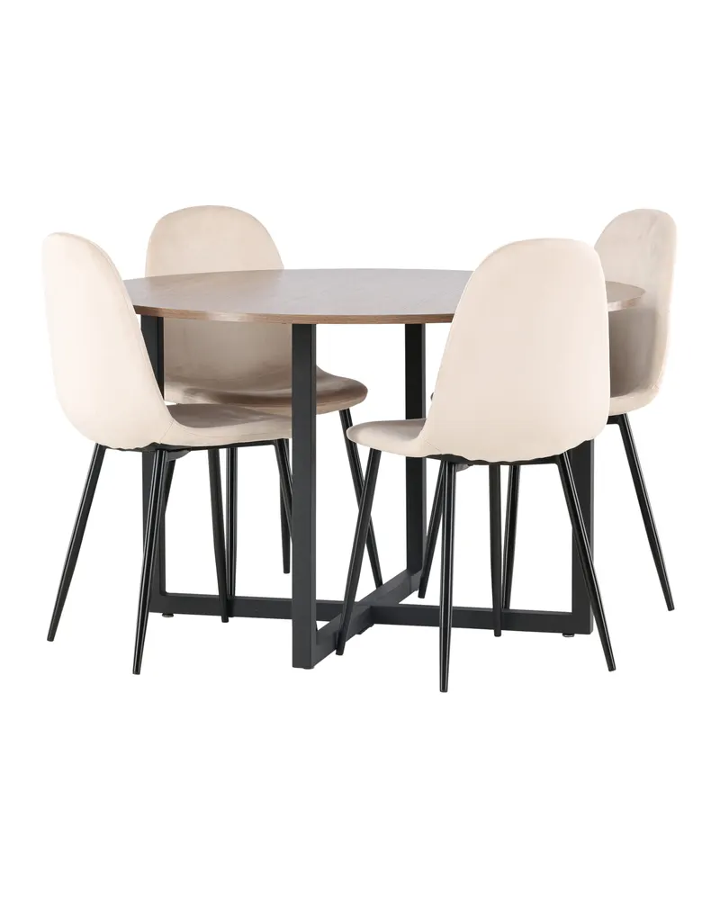 Durango & Polar Essgruppe mit rundem Esstisch und 4 Samtstühlen in Beige, Gestell Schwarz, Ansicht 12