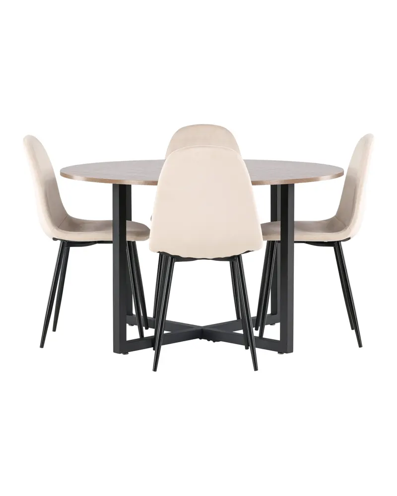 Durango & Polar Essgruppe mit rundem Esstisch und 4 Samtstühlen in Beige, Gestell Schwarz, Ansicht 2