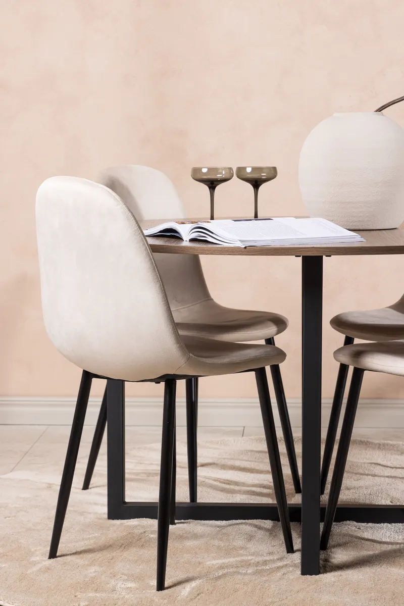 Durango & Polar Essgruppe mit rundem Esstisch und 4 Samtstühlen in Beige, Gestell Schwarz, im Wohnraum, Ansicht 2