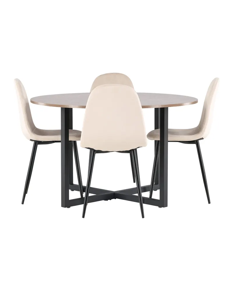 Durango & Polar Essgruppe mit rundem Esstisch und 4 Samtstühlen in Beige, Gestell Schwarz, Ansicht 3
