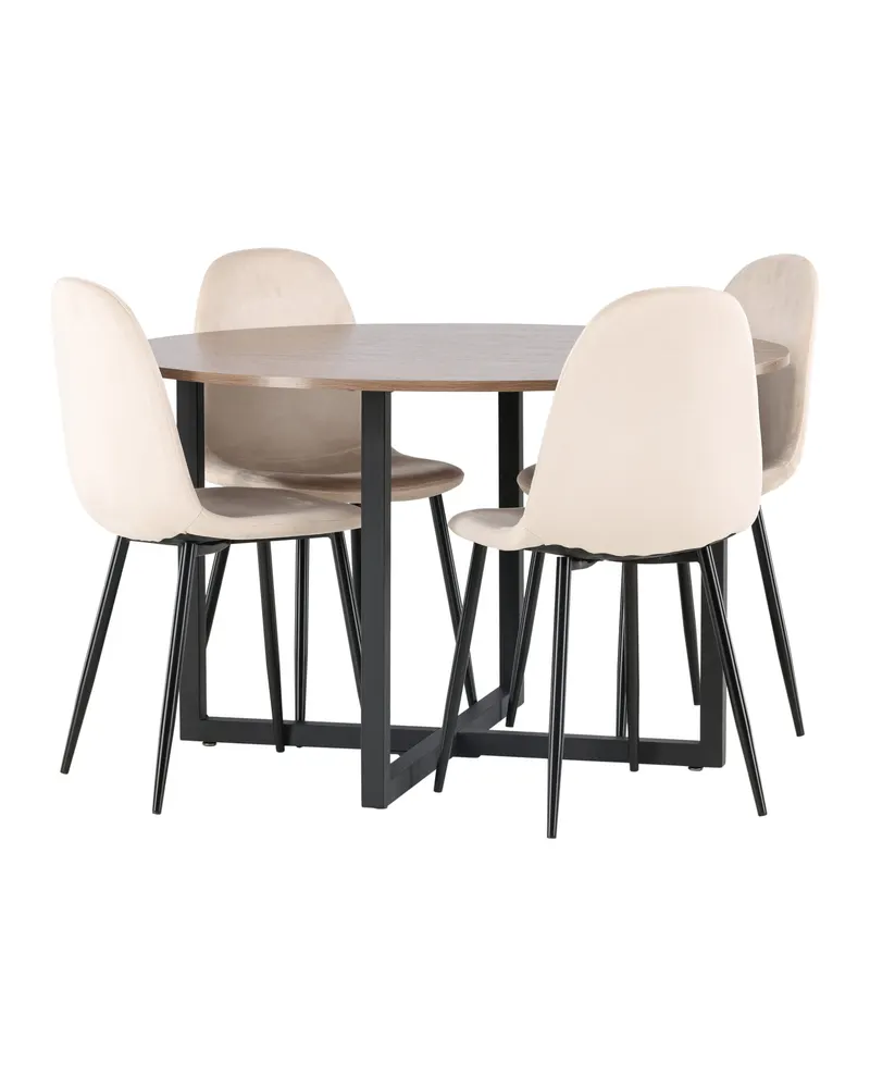 Durango & Polar Essgruppe mit rundem Esstisch und 4 Samtstühlen in Beige, Gestell Schwarz, Ansicht 5