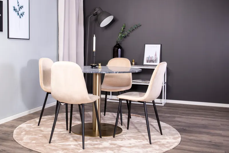 Estelle & Polar Essgruppe mit rundem Marmortisch und 4 Stühlen in Dunkelgrau, Gestell Gold, Beige, Gestell Schwarz, im Wohnraum, Ansicht 4