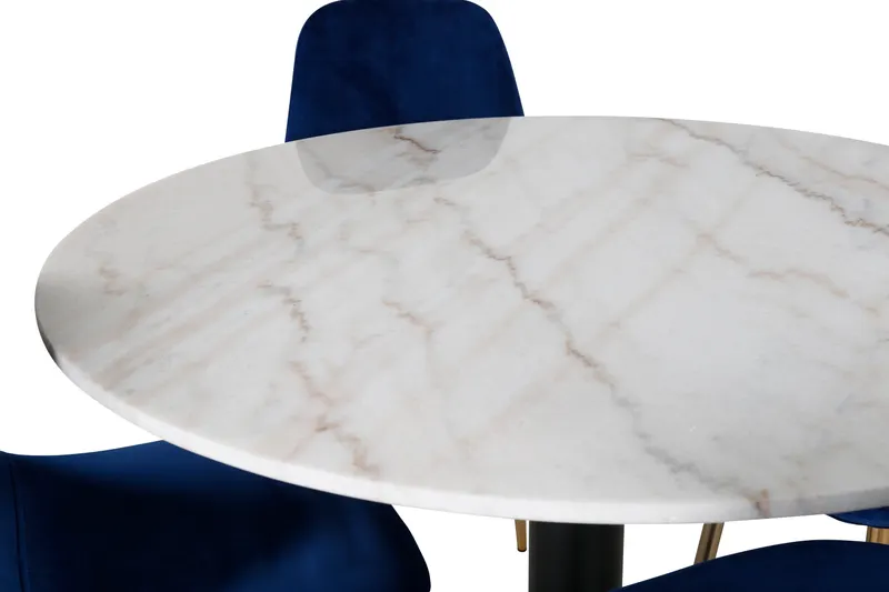 Estelle & Polar Essgruppe mit rundem Marmortisch und 4 Stühlen in Weiß, Gestell Schwarz, Blau, Gestell Gold, Ansicht 1