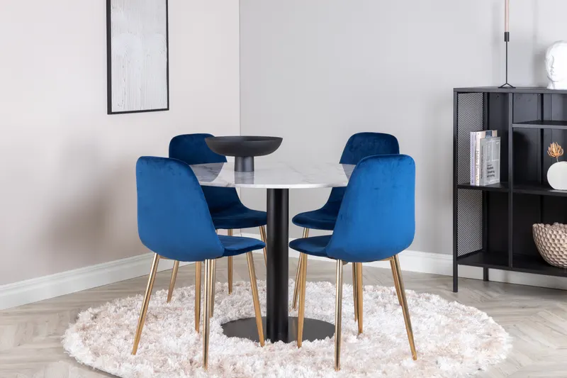 Estelle & Polar Essgruppe mit rundem Marmortisch und 4 Stühlen in Weiß, Gestell Schwarz, Blau, Gestell Gold, im Wohnraum, Ansicht 1
