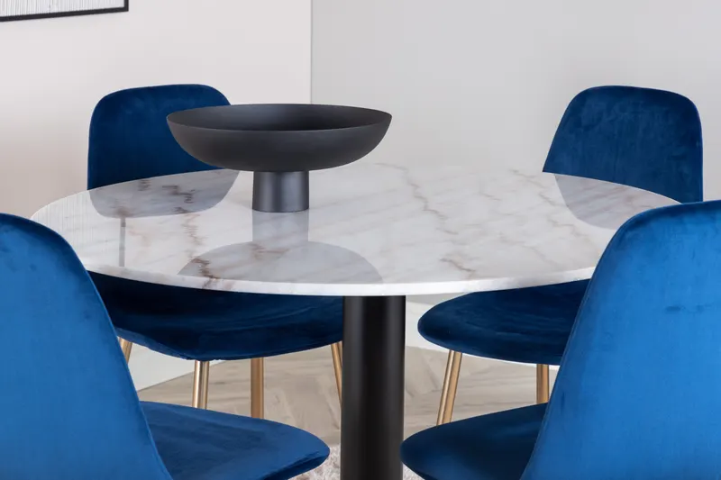 Estelle & Polar Essgruppe mit rundem Marmortisch und 4 Stühlen in Weiß, Gestell Schwarz, Blau, Gestell Gold, im Wohnraum, Ansicht 2
