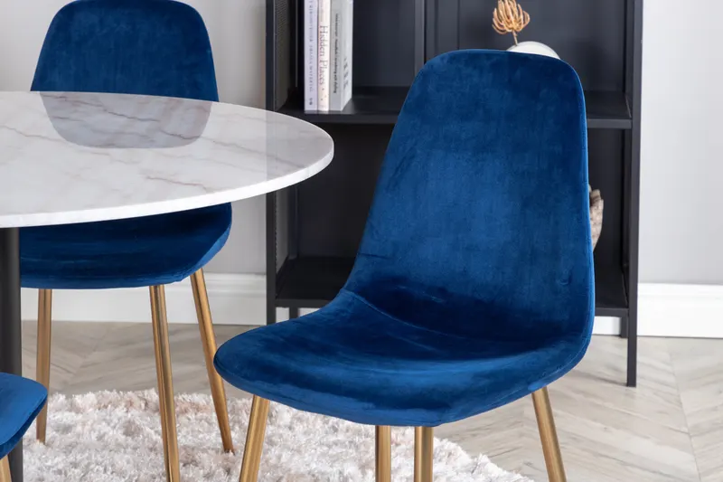 Estelle & Polar Essgruppe mit rundem Marmortisch und 4 Stühlen in Weiß, Gestell Schwarz, Blau, Gestell Gold, im Wohnraum, Ansicht 4