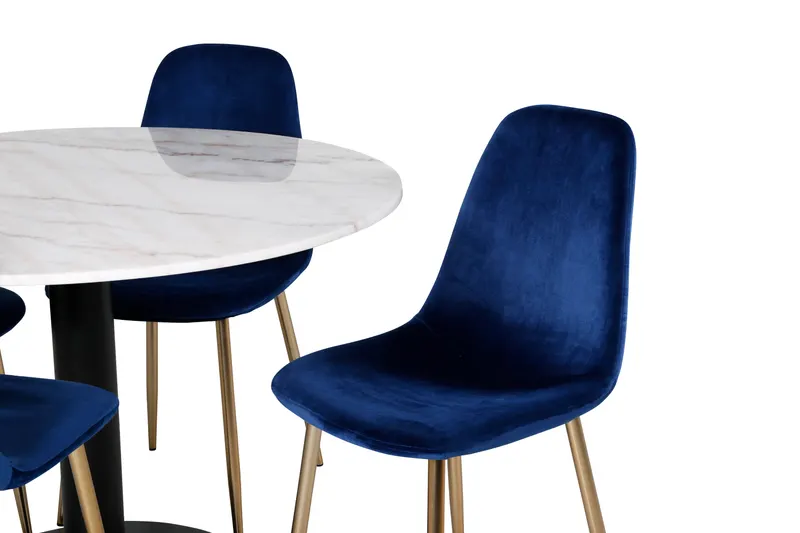 Estelle & Polar Essgruppe mit rundem Marmortisch und 4 Stühlen in Weiß, Gestell Schwarz, Blau, Gestell Gold, Ansicht 2