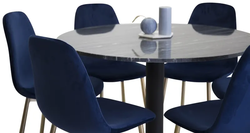 Estelle & Polar Essgruppe mit rundem Marmortisch und 4 Stühlen in Dunkelgrau, Gestell Schwarz, Blau, Gestell Gold
