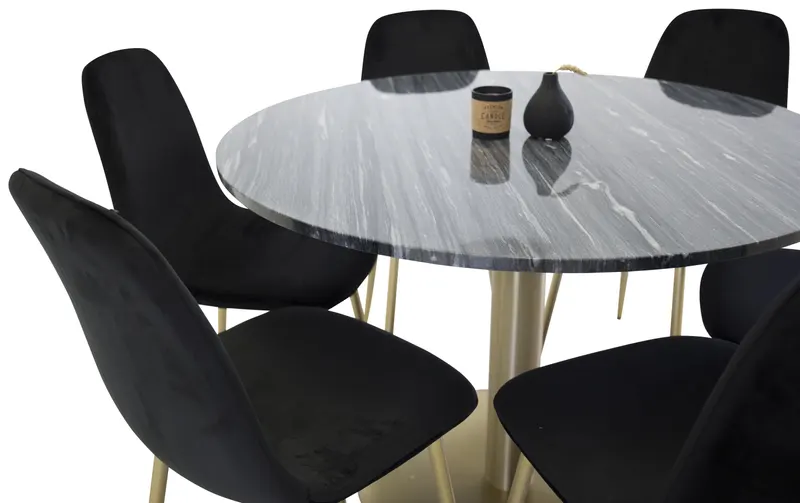 Estelle & Polar Essgruppe mit rundem Marmortisch und 6 Stühlen in Dunkelgrau, Gestell Gold, Schwarz
