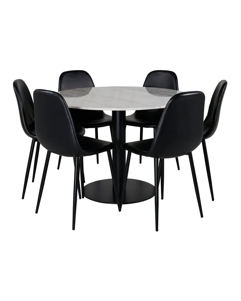 Estelle & Polar Essgruppe mit rundem Marmortisch und 6 Stühlen in Weiß, Gestell Schwarz, Ansicht 1