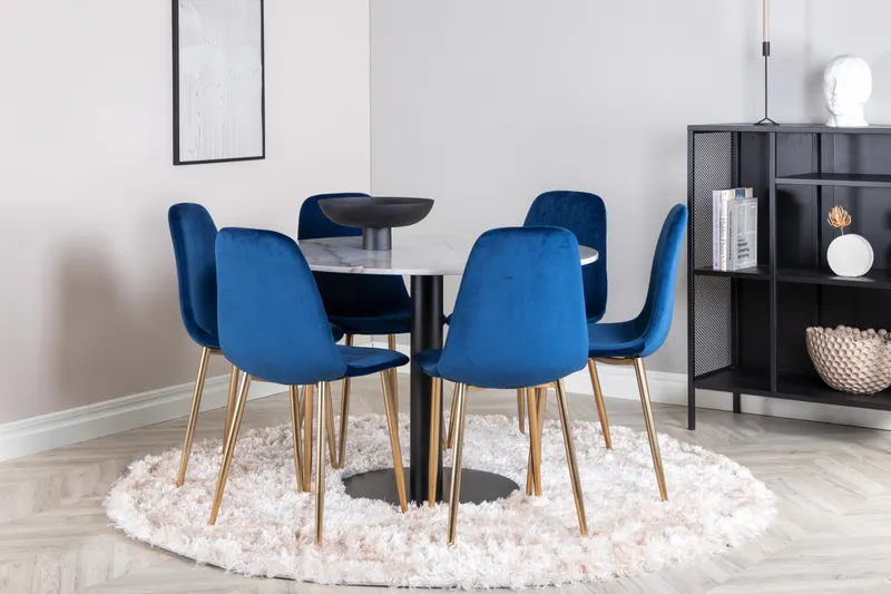 Estelle & Polar Essgruppe mit rundem Marmortisch und 6 Stühlen in Weiß, Gestell Schwarz, Blau, Gestell Gold, im Wohnraum, Ansicht 1