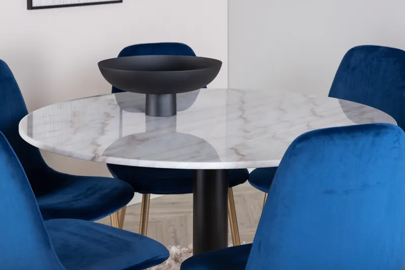Estelle & Polar Essgruppe mit rundem Marmortisch und 6 Stühlen in Weiß, Gestell Schwarz, Blau, Gestell Gold, im Wohnraum, Ansicht 2