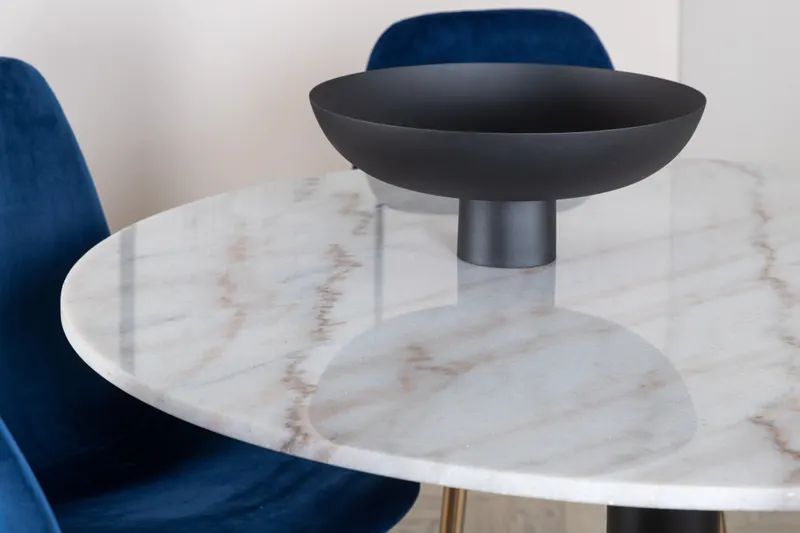 Estelle & Polar Essgruppe mit rundem Marmortisch und 6 Stühlen in Weiß, Gestell Schwarz, Blau, Gestell Gold, im Wohnraum, Ansicht 3