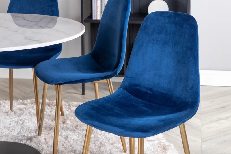 Estelle & Polar Essgruppe mit rundem Marmortisch und 6 Stühlen in Weiß, Gestell Schwarz, Blau, Gestell Gold, im Wohnraum, Ansicht 4