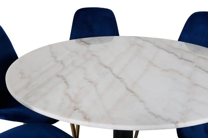 Estelle & Polar Essgruppe mit rundem Marmortisch und 6 Stühlen in Weiß, Gestell Schwarz, Blau, Gestell Gold, Ansicht 2