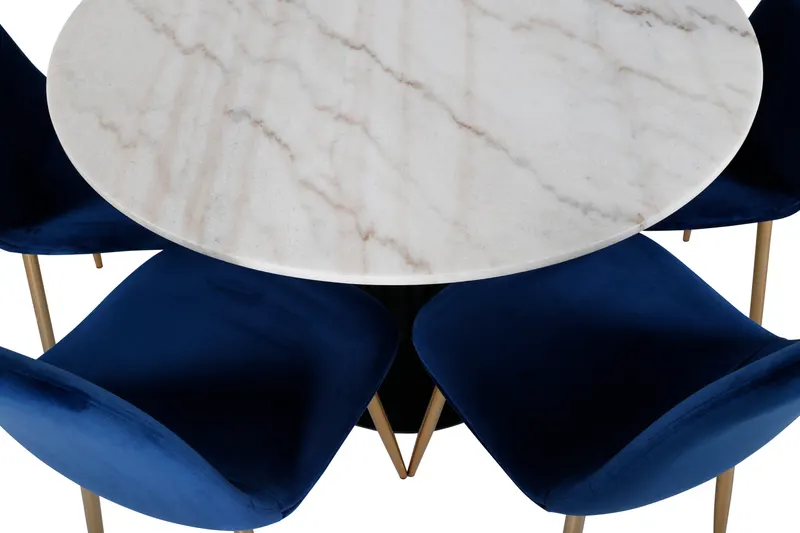 Estelle & Polar Essgruppe mit rundem Marmortisch und 6 Stühlen in Weiß, Gestell Schwarz, Blau, Gestell Gold, Ansicht 3