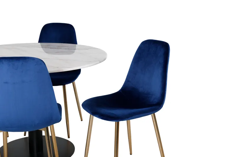 Estelle & Polar Essgruppe mit rundem Marmortisch und 6 Stühlen in Weiß, Gestell Schwarz, Blau, Gestell Gold, Ansicht 4