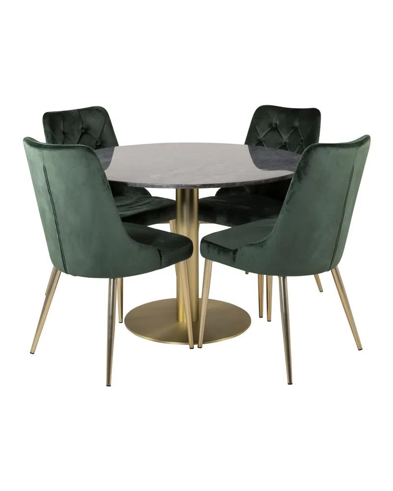 Estelle & Velvet Deluxe Essgruppe mit rundem Marmortisch und 4 Polsterstühlen in Dunkelgrau, Gestell Gold, Grün, Ansicht 1