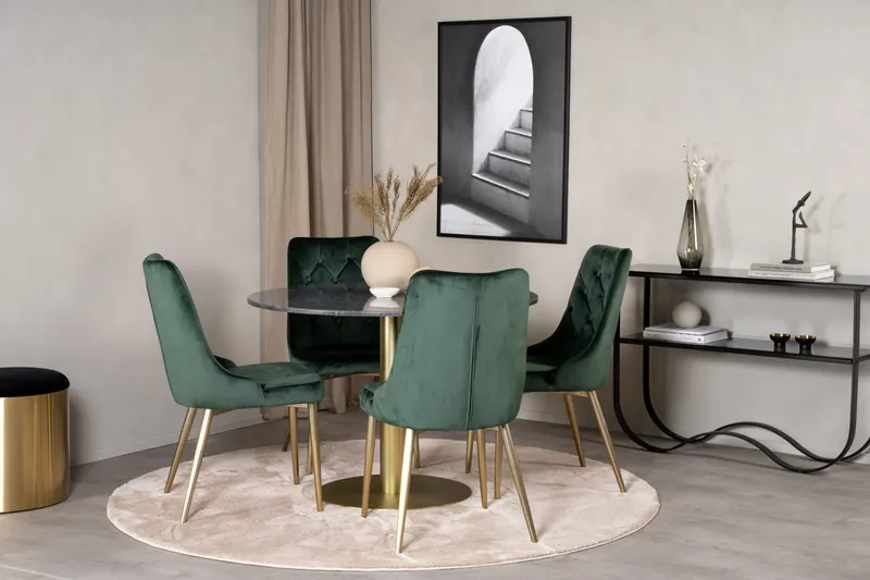 Estelle & Velvet Deluxe Essgruppe mit rundem Marmortisch und 4 Polsterstühlen in Dunkelgrau, Gestell Gold, Grün, im Wohnraum, Ansicht 1