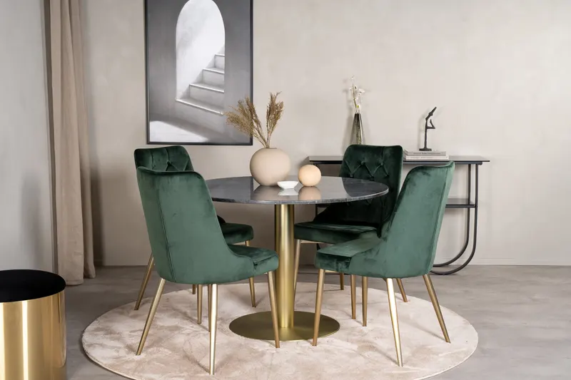 Estelle & Velvet Deluxe Essgruppe mit rundem Marmortisch und 4 Polsterstühlen in Dunkelgrau, Gestell Gold, Grün, im Wohnraum, Ansicht 2