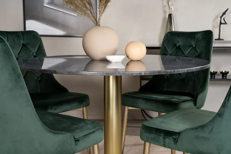Estelle & Velvet Deluxe Essgruppe mit rundem Marmortisch und 4 Polsterstühlen in Dunkelgrau, Gestell Gold, Grün, im Wohnraum, Ansicht 3