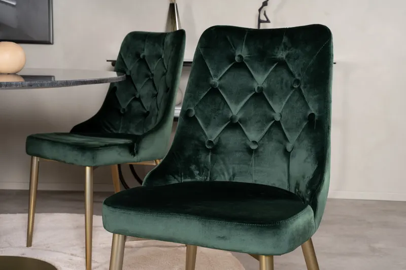 Estelle & Velvet Deluxe Essgruppe mit rundem Marmortisch und 4 Polsterstühlen in Dunkelgrau, Gestell Gold, Grün, im Wohnraum, Ansicht 5
