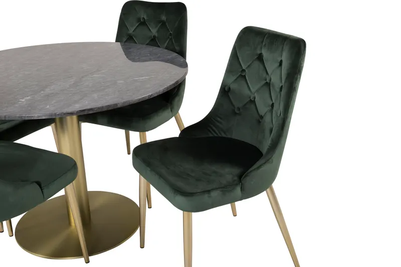 Estelle & Velvet Deluxe Essgruppe mit rundem Marmortisch und 4 Polsterstühlen in Dunkelgrau, Gestell Gold, Grün, Ansicht 3