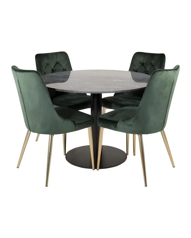 Estelle & Velvet Deluxe Essgruppe mit rundem Marmortisch und 4 Polsterstühlen in Dunkelgrau, Gestell Schwarz, Grün, Gestell Gold, Ansicht 1
